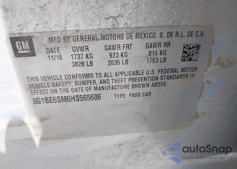 2017 Chevrolet Cruze Lt Auto z USA, uszkodzony, nr VIN 3G1BE6SM6HS565606